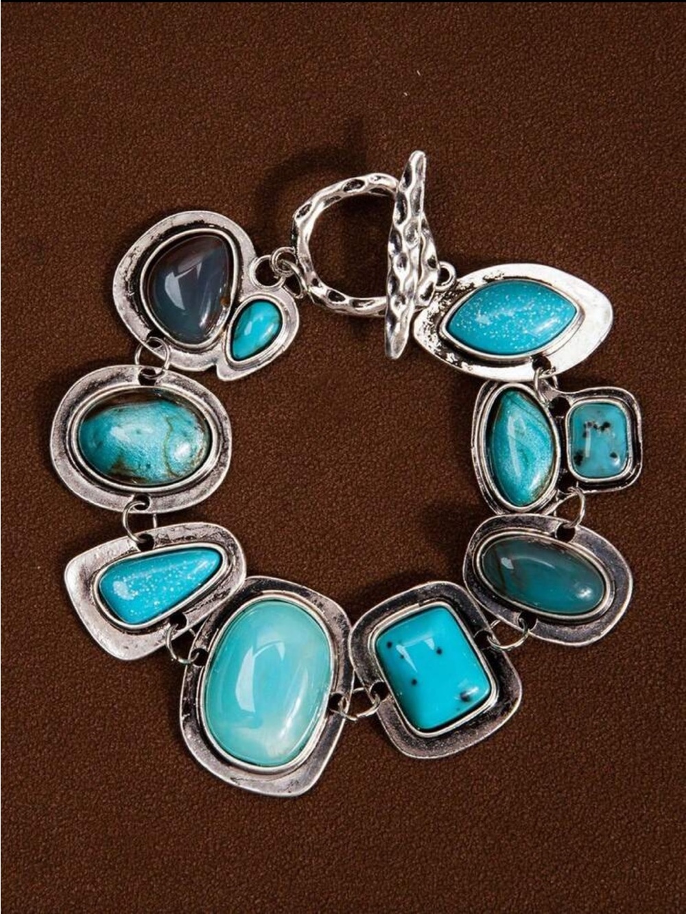 Turquoise Statement Bracelet - Silver-Tone Multicolor Stones - Picture 2 of 6